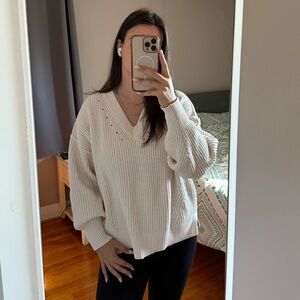 Aerie Cozy Oversized White V-Neck Sweater